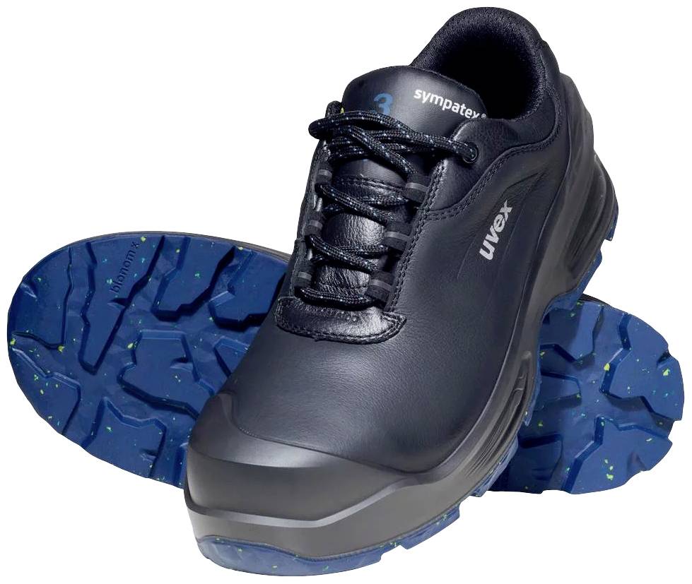 Une paire de chaussures de sécurité noires avec des semelles antidérapantes bleues, le nom de marque 'uvex' visible sur le côté.