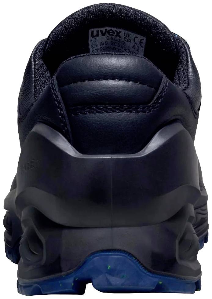 Chaussure de sport vue de derrière, design bleu marine, avec un accent sur une semelle stable et un talon bien rembourré.