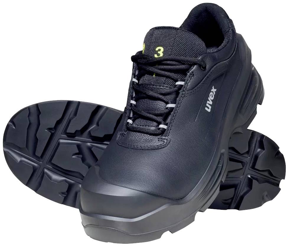 Chaussure de sécurité noire avec semelle antidérapante, debout à l'avant et couchée sur le côté droit, marquée 'uvex' sur le côté.
