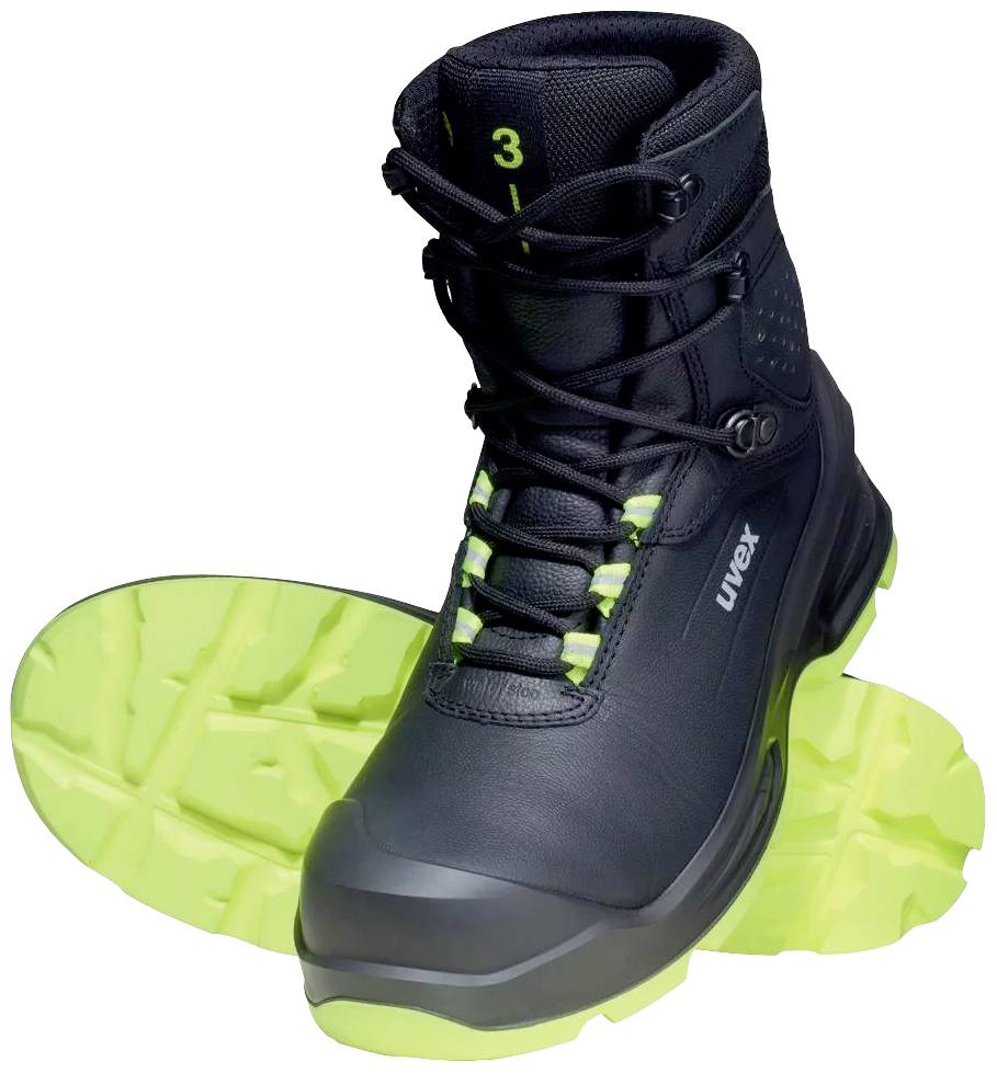 Bottines de sécurité noires, robustes, avec semelle vert néon, adaptées à la protection au travail.