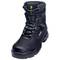Bottes de sécurité noires, robustes, avec semelle épaisse et embout de protection renforcé. Nom de marque 'uvex' sur le côté. Adaptées pour la protection au travail.
