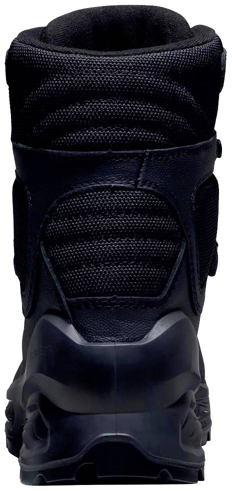 Une chaussure de randonnée noire vue de derrière, au design robuste avec une semelle épaisse et un talon renforcé.