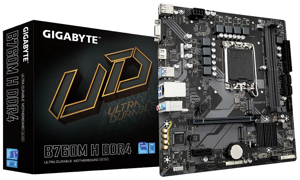 Une carte mère GIGABYTE B760M H DDR4 à côté de son emballage. La carte dispose de plusieurs emplacements et connecteurs.