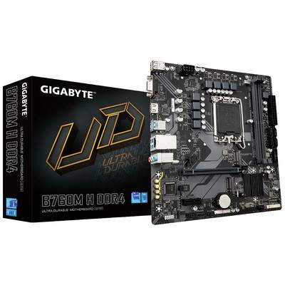 Une carte mère GIGABYTE B760M H DDR4 à côté de son emballage. La carte dispose de plusieurs emplacements et connecteurs.