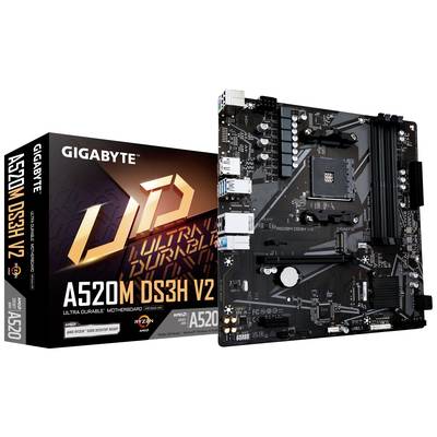 Emballage de la carte mère 'GIGABYTE A520M DS3H V2' à gauche, montrant le logo et le modèle. À droite, la carte mère avec ses connecteurs et ses emplacements d'extension.