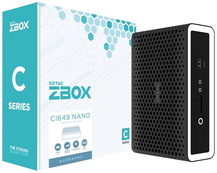Une ZBOX CI649 Nano (série C) noire de ZOTAC à côté de son emballage. Mini-PC avec fonctionnement silencieux et prise en charge de la lecture 4K.