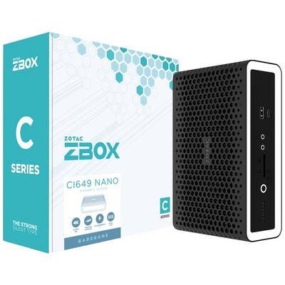 Une ZBOX CI649 Nano (série C) noire de ZOTAC à côté de son emballage. Mini-PC avec fonctionnement silencieux et prise en charge de la lecture 4K.