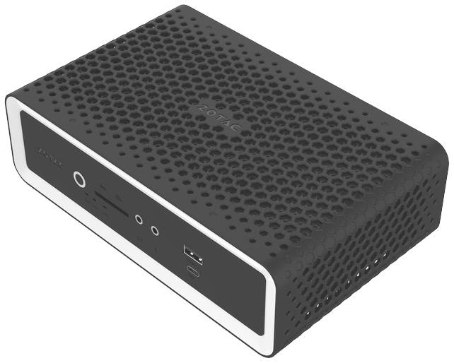 Un mini-PC compact noir avec des trous de ventilation et plusieurs ports à l'avant, incluant USB et audio.