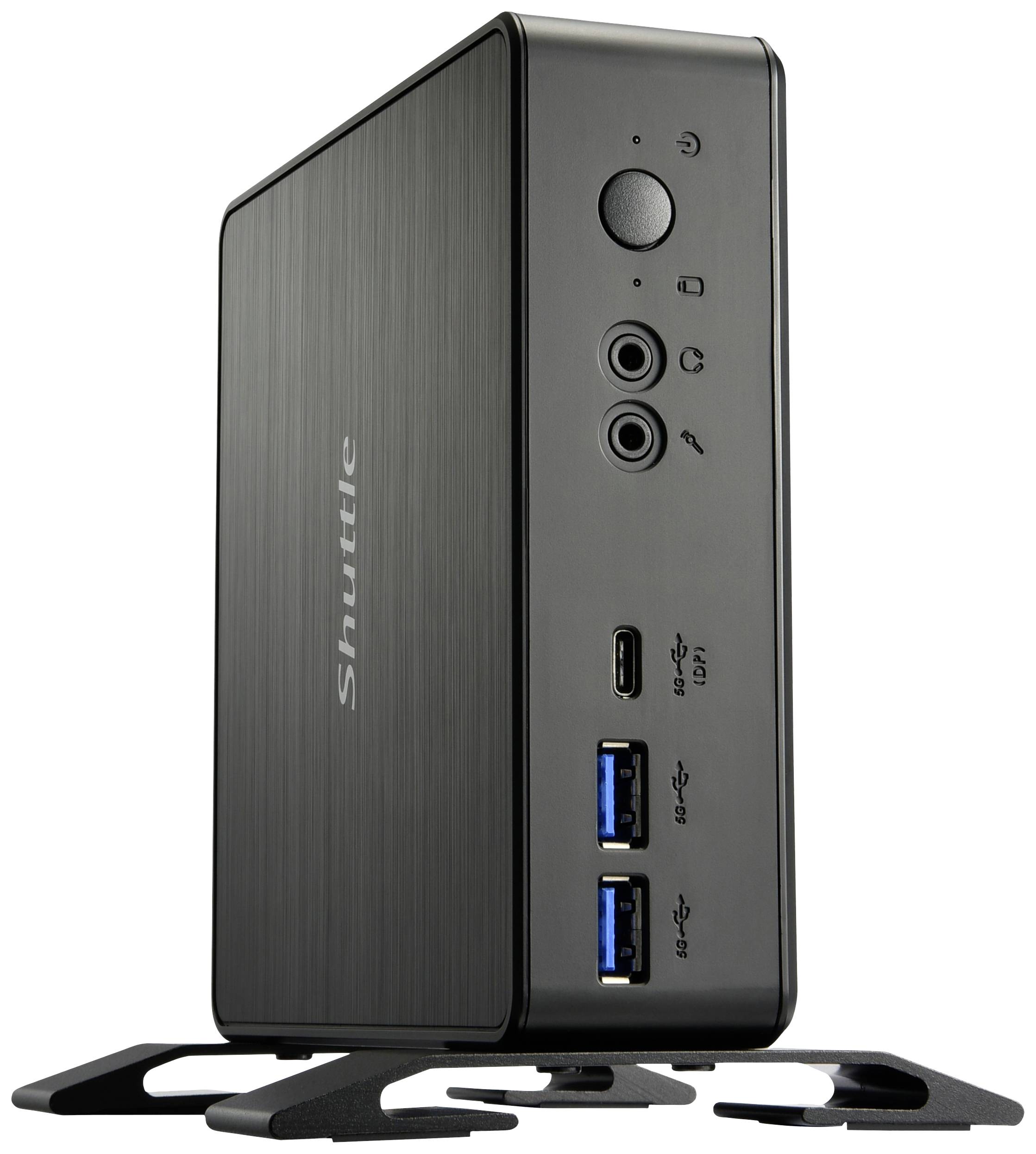 Un mini-PC noir en format vertical avec plusieurs ports USB et des prises audio à l'avant.