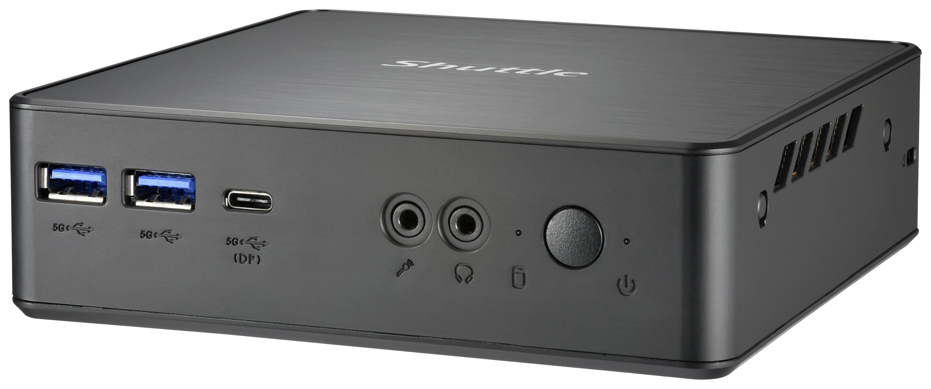 Mini-PC noir avec ports USB, audio et alimentation. Design petit et compact, adapté aux applications nécessitant peu d'espace.
