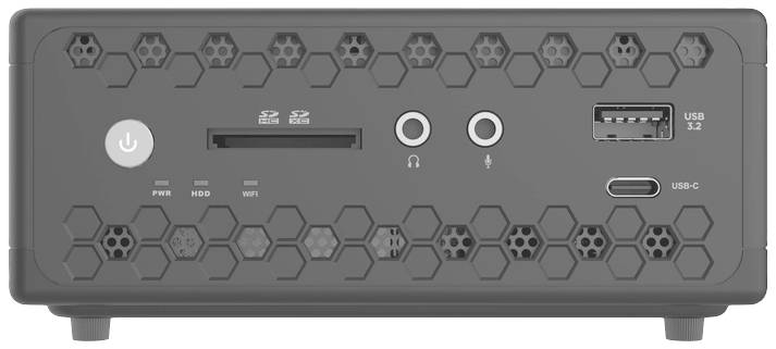 Un appareil électronique doté de plusieurs ports : USB 3.2, USB-C, lecteur de carte SD, prise jack pour casque et bouton d'alimentation sur la façade.