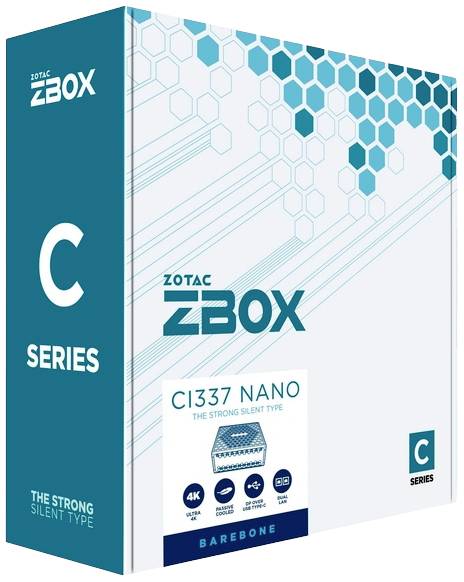 'Emballage du ZOTAC ZBOX CI337 Nano, série C, avec des descriptions sur la compatibilité 4K, la conception silencieuse et la configuration Barebone.'