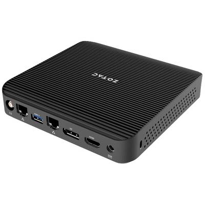 Un mini-PC noir rectangulaire doté de plusieurs ports sur le côté, notamment USB, HDMI et un port Ethernet.