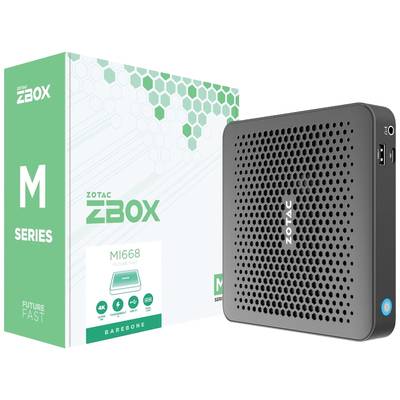 Ordinateur compact noir avec façade ventilée à côté d'un emballage vert et blanc portant les logos 'ZOTAC ZBOX' et 'M Series'.
