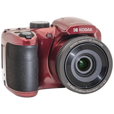 Appareil photo numérique rouge avec un grand objectif zoom et une poignée ergonomique.