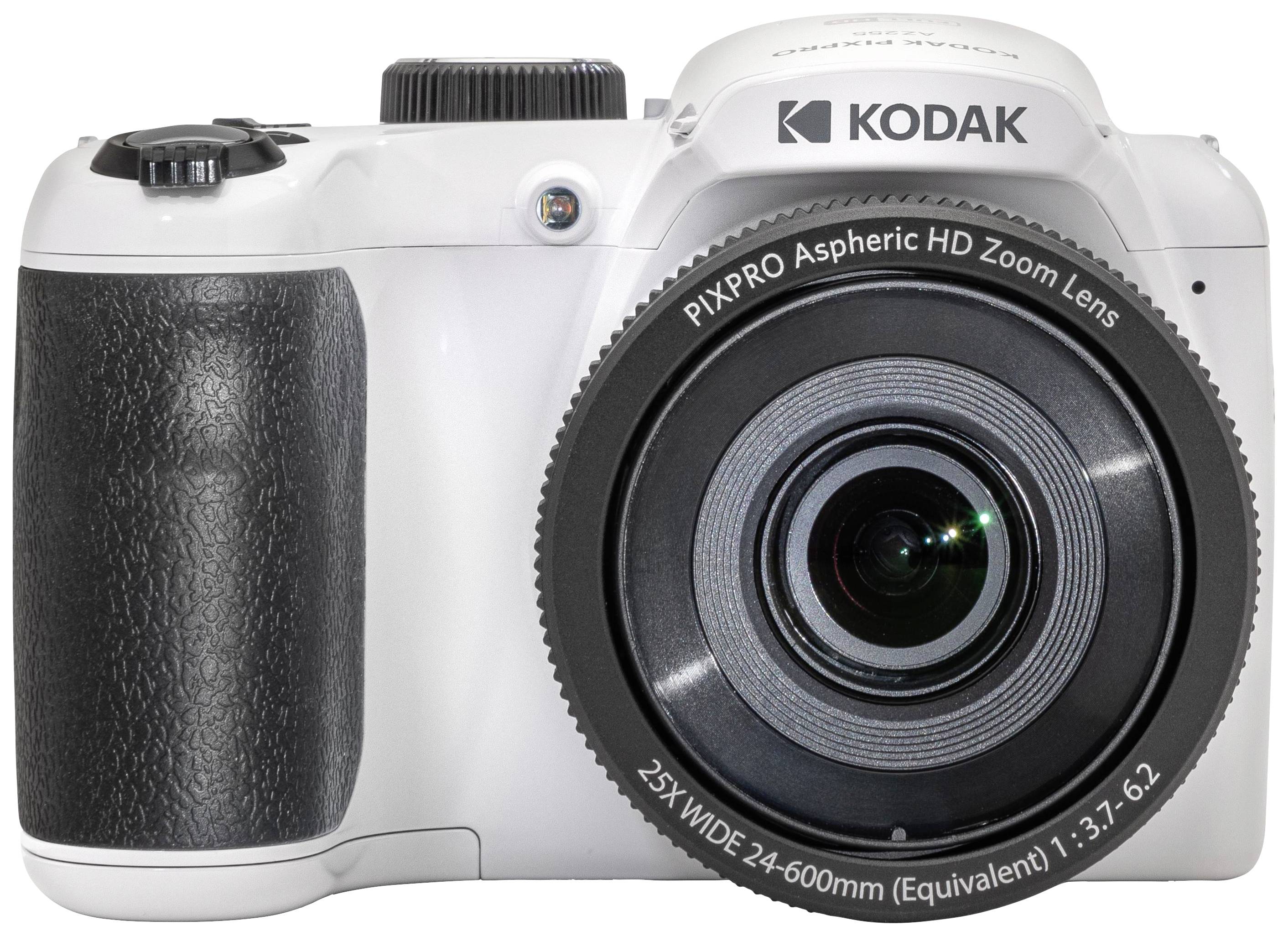 Appareil photo numérique blanc avec objectif zoom, marque 'Kodak' visible à l'avant. Adapté pour la photographie avec de multiples possibilités de zoom.