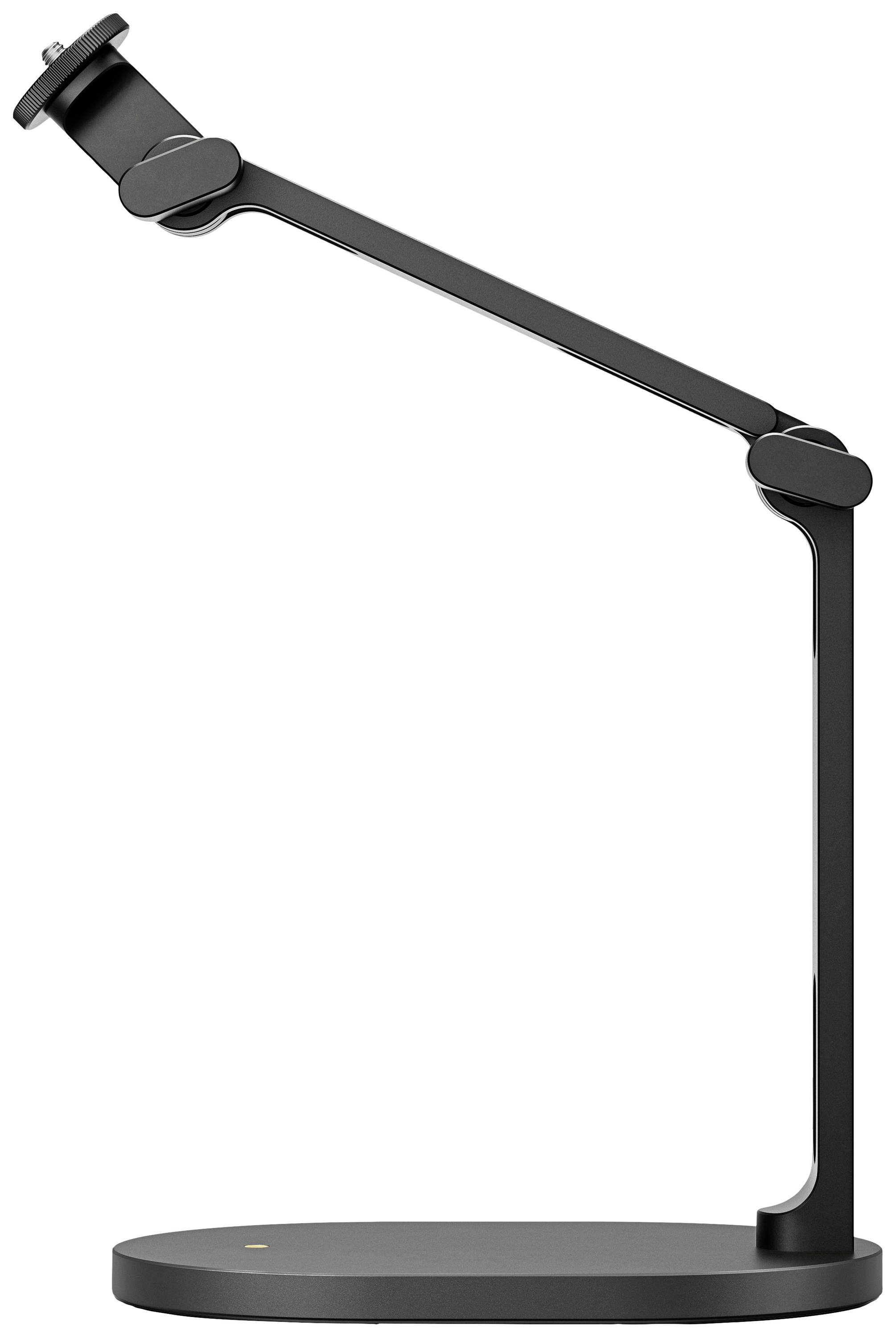 Un bras de lampe de bureau en métal noir et ajustable, monté sur un socle rond, adapté aux lampes LED.