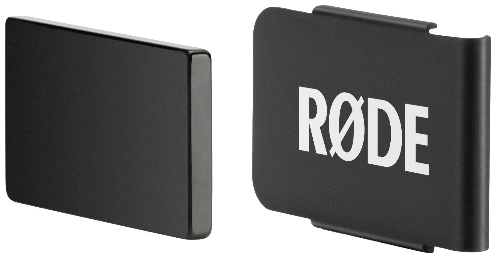 Deux clips magnétiques, dont l'un porte le logo 'RØDE'. Ils sont utilisés pour la fixation sur des microphones.