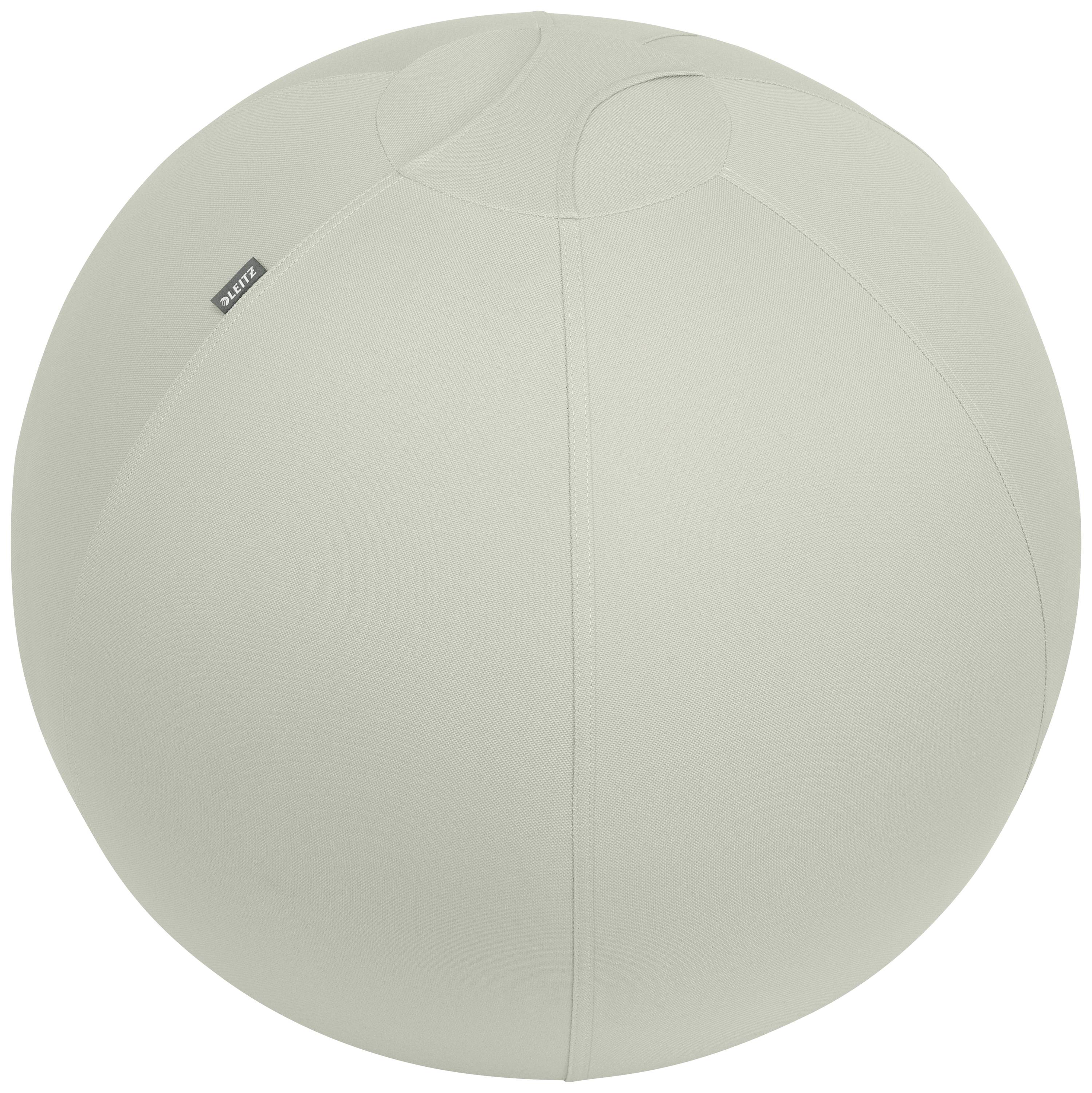 Ballon d'assise gris en tissu, de forme sphérique, avec un logo discret sur le côté.