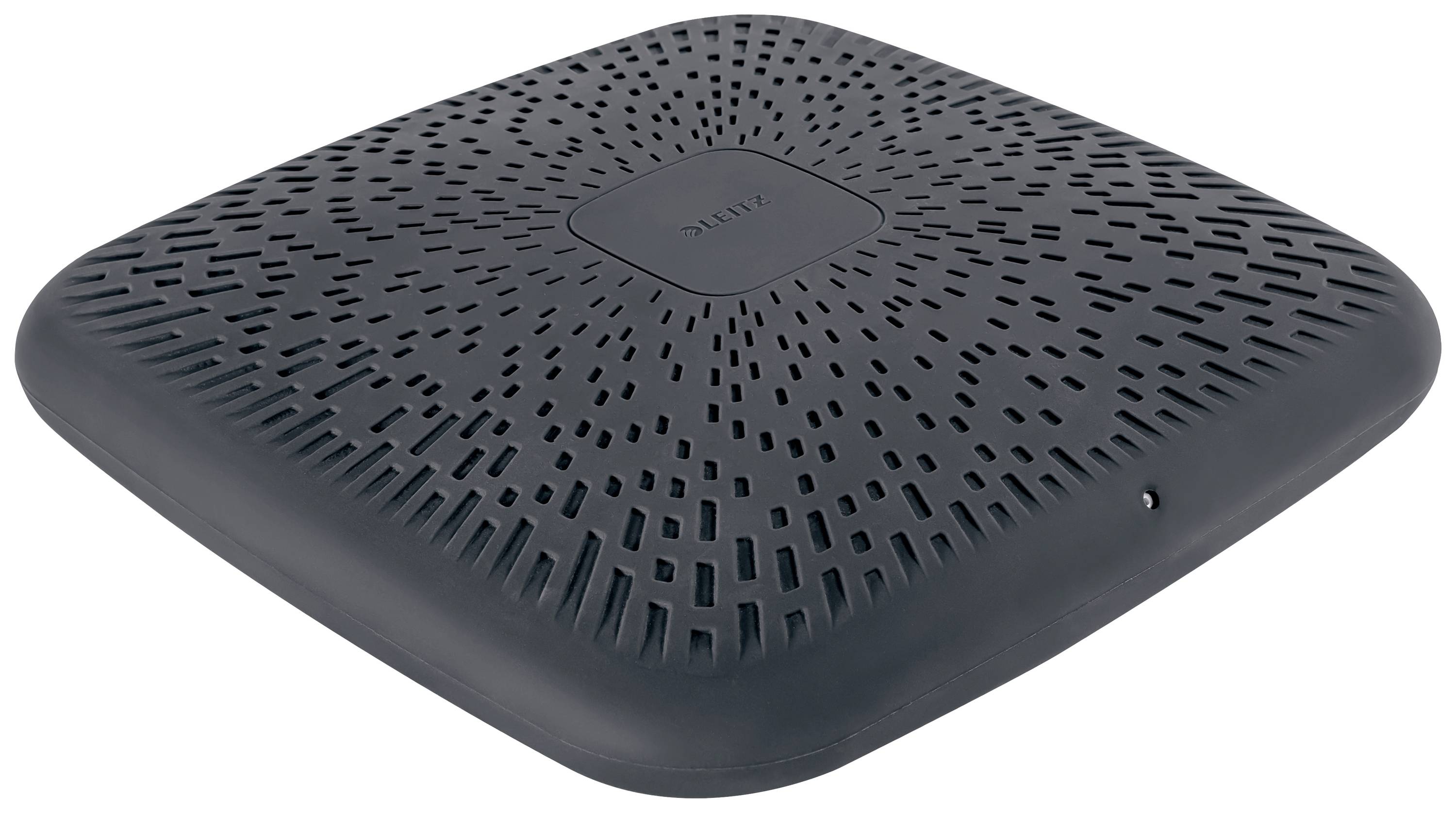 Un coussin d'équilibre noir et carré, avec une surface texturée et des trous d'aération, utilisé pour l'entraînement de l'équilibre et les exercices de stabilité.