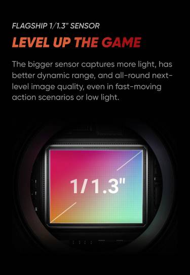 Le texte met en avant les avantages d'un capteur de type "Flagship 1/1,3 pouces" qui offre une meilleure qualité d'image dans des conditions de faible luminosité.
