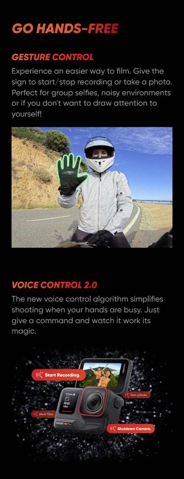 'PASSEZ AUX MAINS LIBRES' en haut. Image d'un motocycliste faisant un geste. Le texte explique le contrôle gestuel pour un tournage plus simple. En bas : 'COMMANDE VOCALE 2.0' avec une caméra, décrivant les fonctions commandées par la voix.