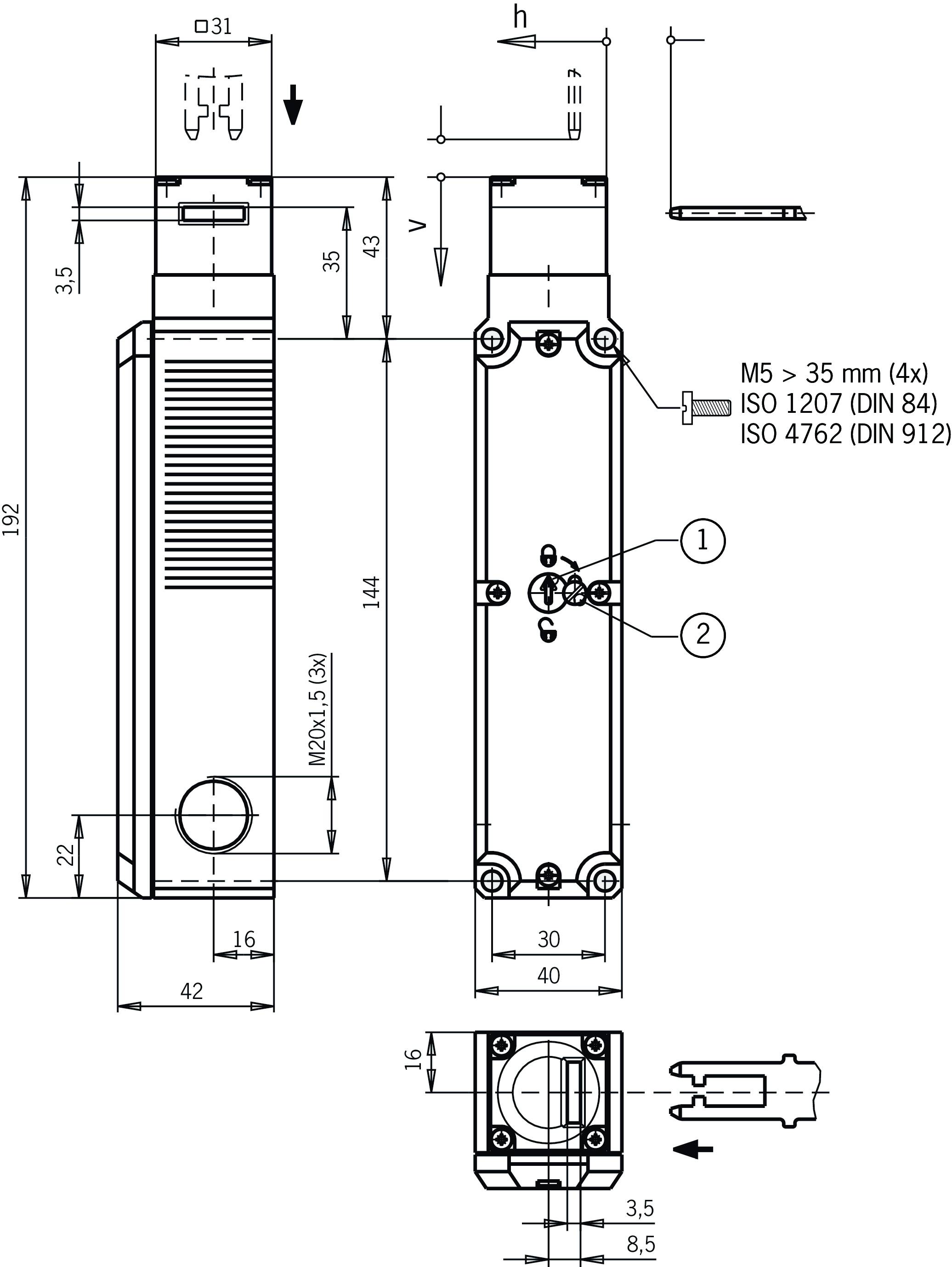 Dessin technique d'un boîtier rectangulaire avec positions de vis et dimensions. Comprend des vues latérales et supérieures.