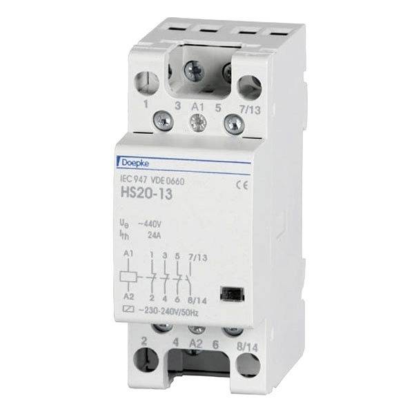 'HS20-I3-Schütz de Doepke, adapté pour 230-240V/50Hz, avec quatre bornes de connexion en haut et en bas, boîtier robuste blanc.'