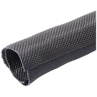 Un gaine-câble tressé noir, légèrement incurvé, avec une surface rugueuse de type textile. Adapté pour la gestion des câbles.