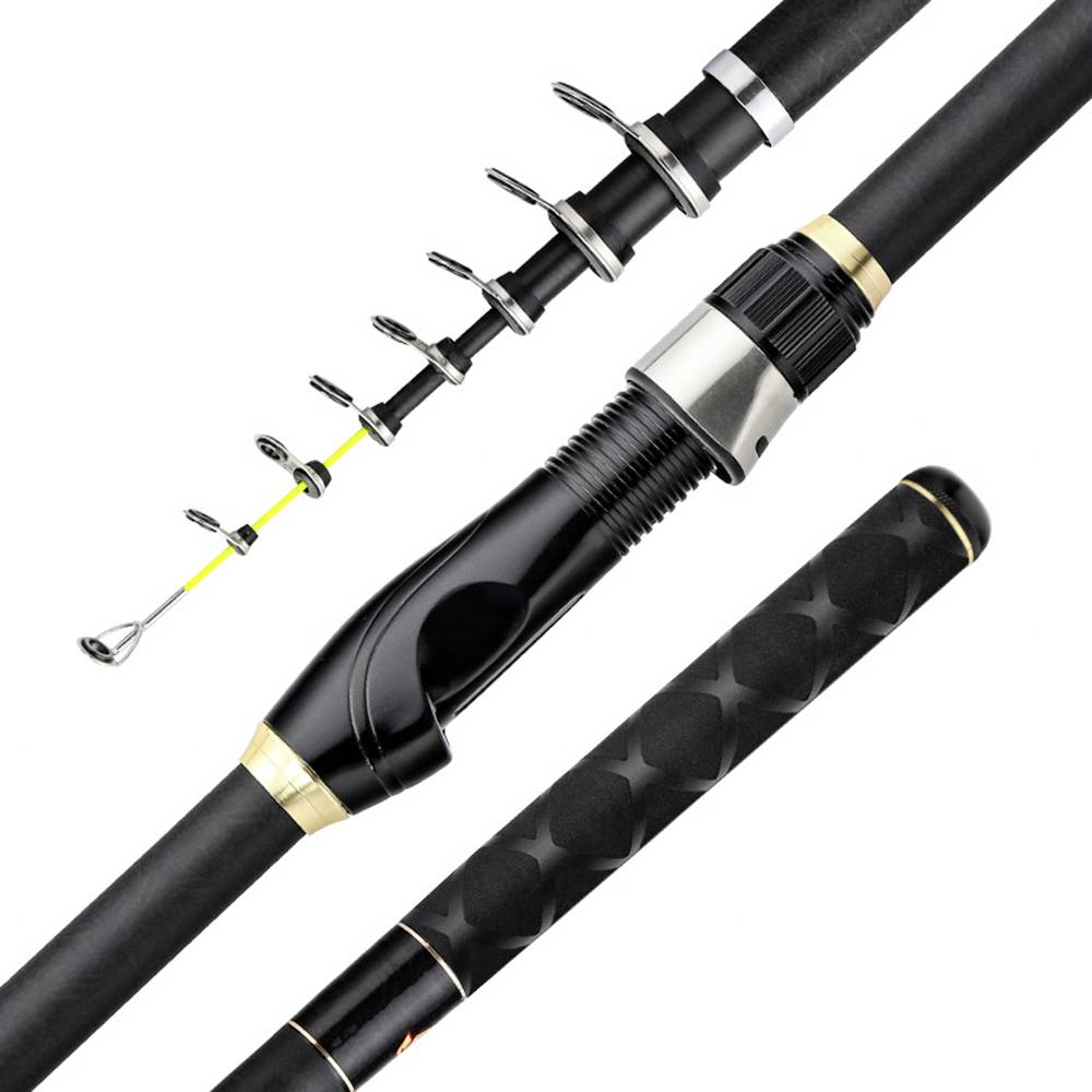 Canne à pêche télescopique, noire avec des touches dorées, pliée. Adaptée à la pêche portable.