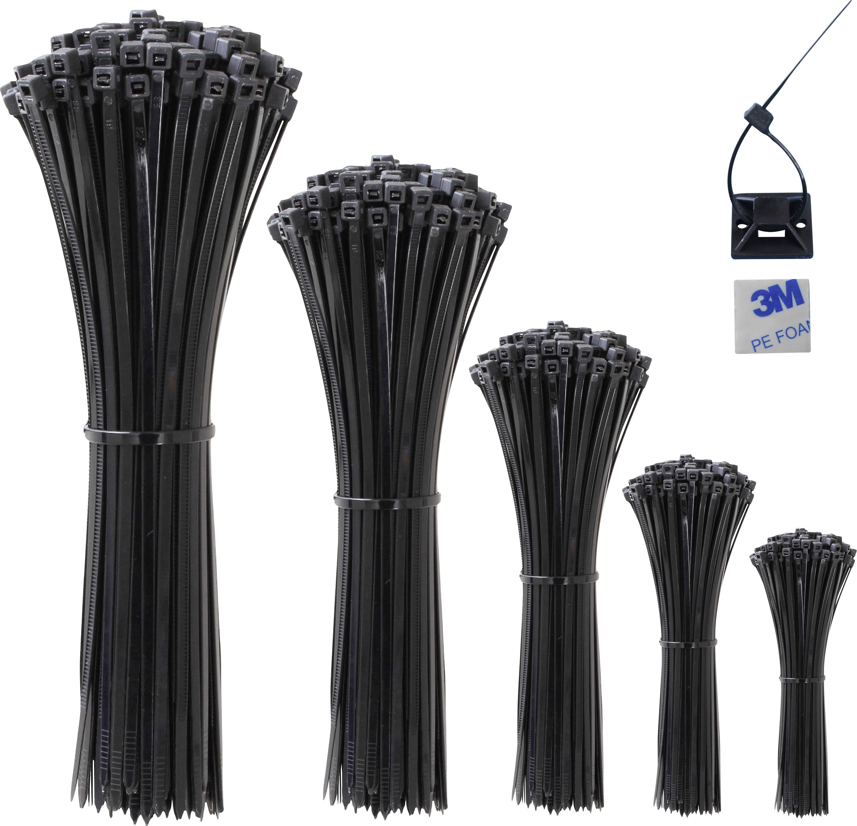 Cinq paquets de colliers de câbles noirs de différentes tailles ; à droite, un support de câbles avec dos en mousse 3M.