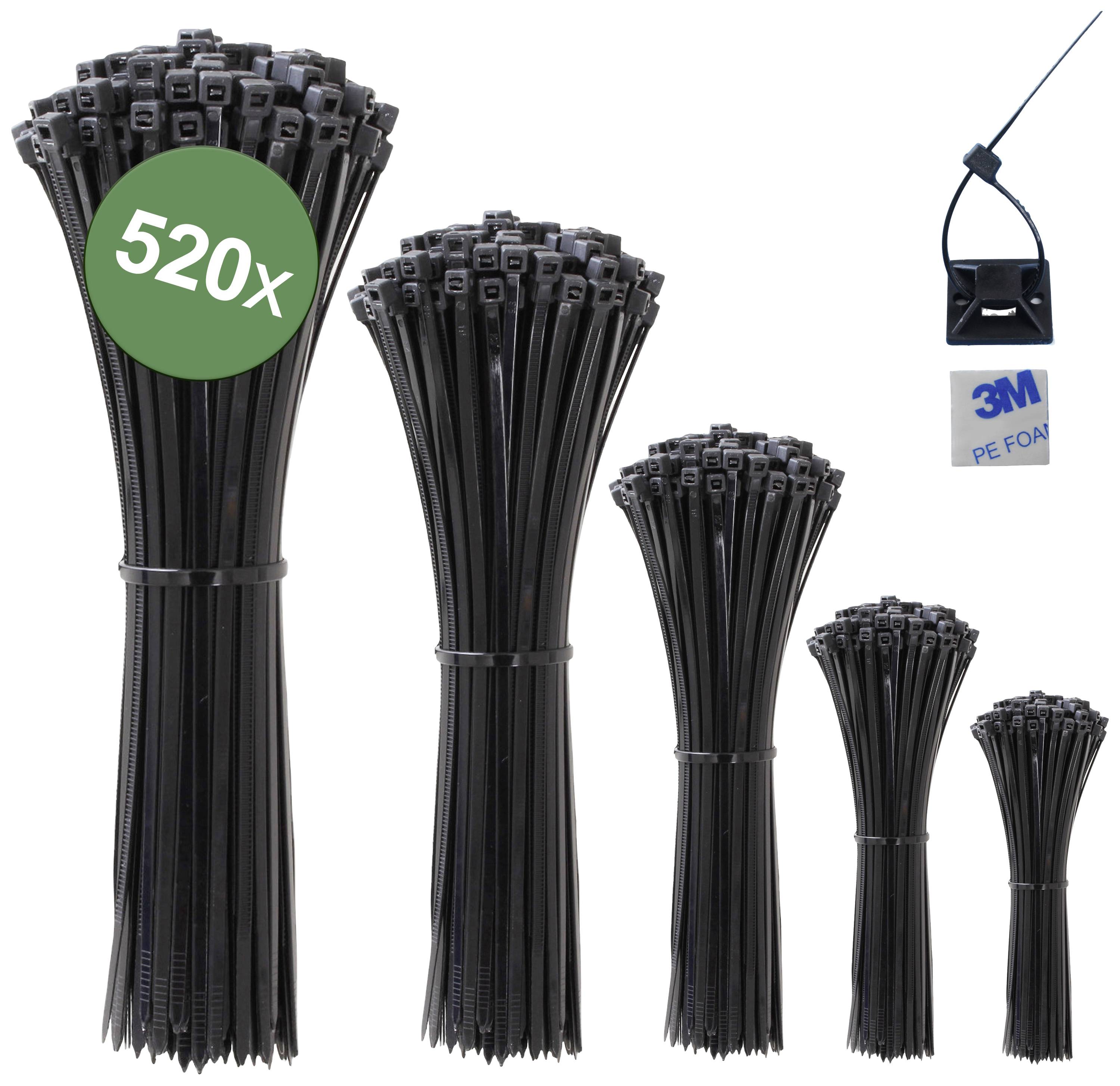520 colliers de câble noirs de différentes tailles, du petit au grand, à côté d'un support en mousse PE avec le logo '3M'.