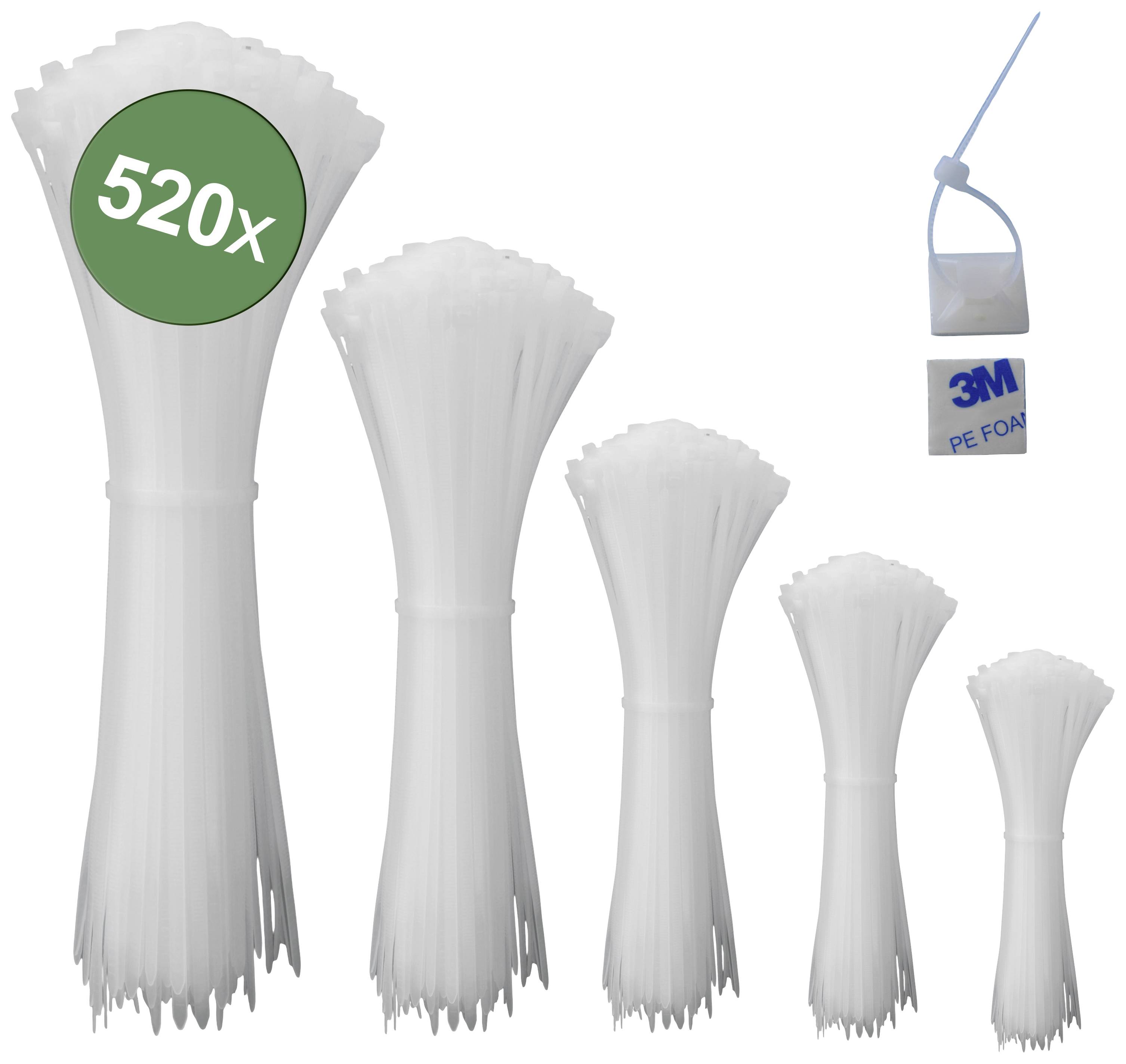 520 attaches-câbles blancs, triés par taille, debout. En haut à droite : support de câbles blanc avec étiquette '3M PE FOAM'.