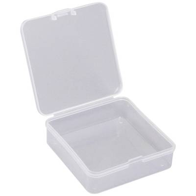 Boîte en plastique transparente de forme carrée avec couvercle ouvert.