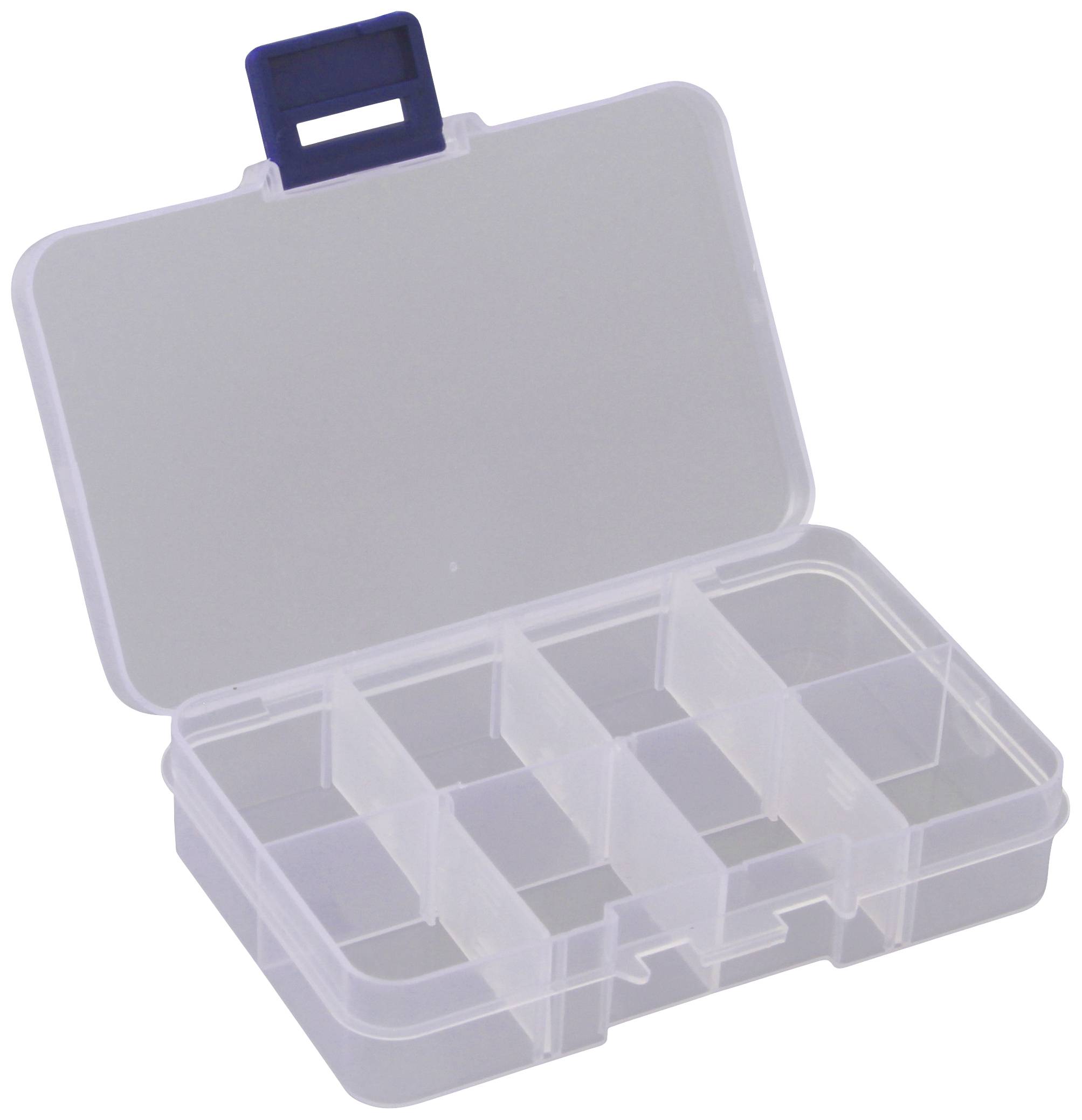 Petite boîte de rangement en plastique transparent à plusieurs compartiments, adaptée pour stocker de petits objets ou des bijoux. Ouverte avec un couvercle.