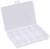 Une boîte de rangement transparente à plusieurs compartiments, dont le couvercle est ouvert. Elle est idéale pour organiser de petits objets.