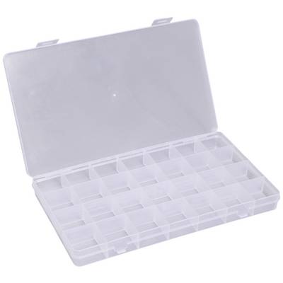 Boîte de rangement transparente en plastique avec 18 compartiments, présentée ouverte. Idéale pour l'organisation des petits objets.