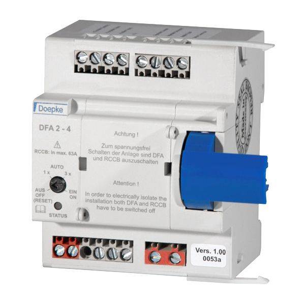 Un appareil électrique de Doepke, modèle DFA 2-4, avec un dispositif de rotation bleu, divers raccordements et des avertissements sur la face avant.
