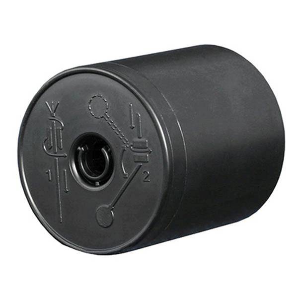 Boîte de pellicule de film noir avec des symboles sur le couvercle. Le symbole 1 représente 'Bobines', le symbole 2 représente 'Développer'.