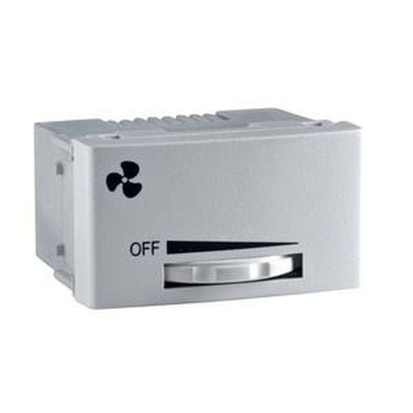 Interrupteur de commande de ventilateur avec symbole de ventilateur et marquage 'OFF'. Molettes visibles pour l'ajustement de la vitesse du ventilateur.