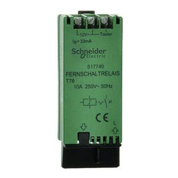 Relais de télécommande Schneider Electric modèle 517740, 10A, 250V, 50Hz, boîtier vert clair, schéma de connexion et marques de test imprimés.