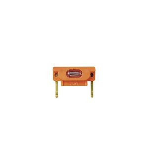 Un élément de sécurité miniature de forme rectangulaire avec deux contacts métalliques et un boîtier orange.