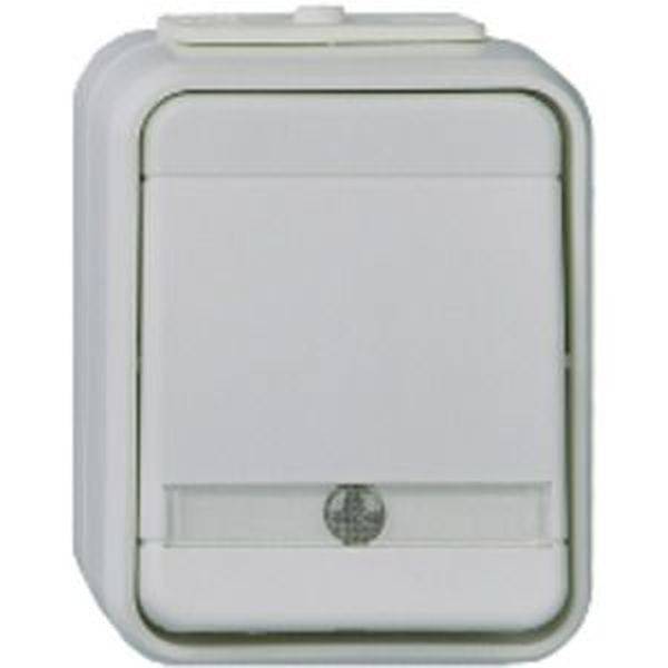 Un interrupteur blanc rectangulaire avec un couvercle, adapté pour une utilisation extérieure.