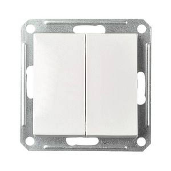 Interrupteur double avec cadre métallique, blanc, touches rectangulaires, vue de face.