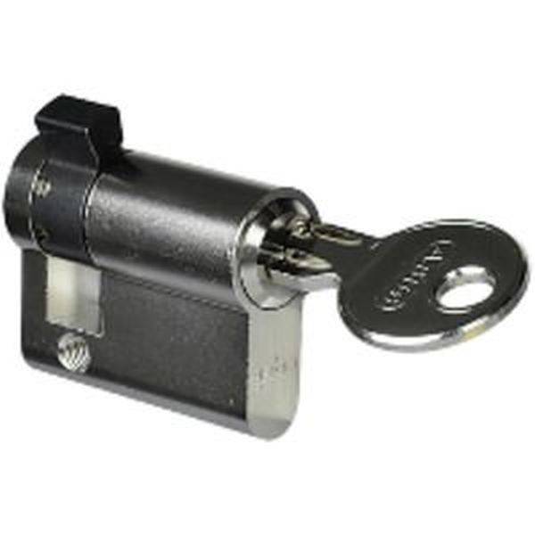 Un cylindre de serrure avec une clé insérée, utilisé pour sécuriser des portes. La clé porte l'inscription 'Abus'.
