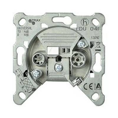 L'image montre une prise TV universelle avec des connexions et des marquages pour l'installation. Adaptée pour la télévision et la radio.