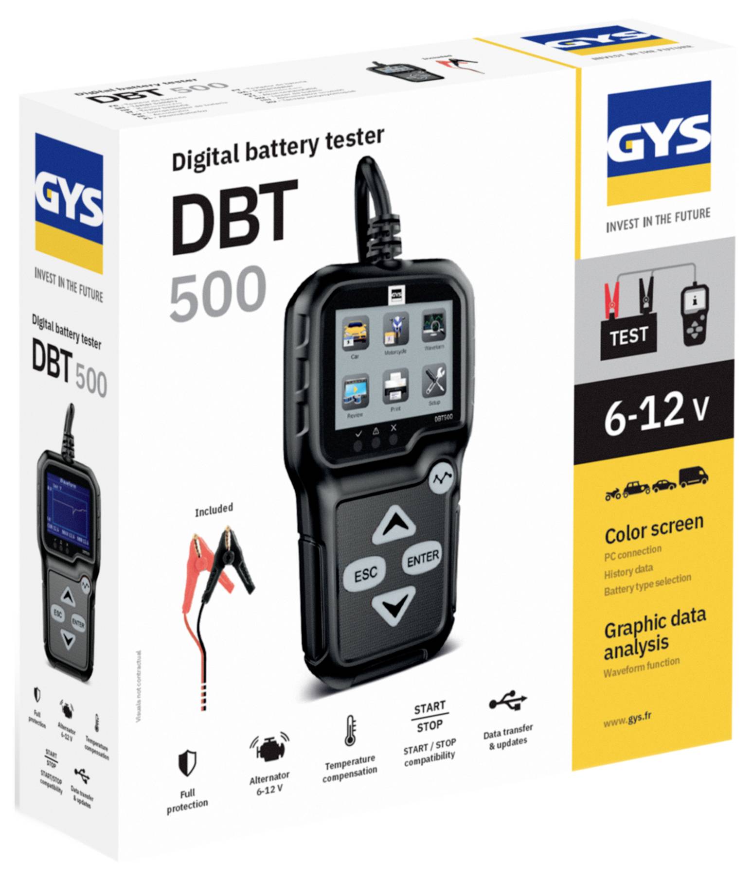 Boîte de produit pour testeur de batterie numérique GYS DBT 500, montrant un testeur portatif avec écran couleur, plage 6–12 V, et câbles de test inclus.
