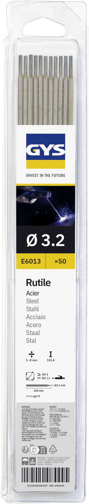 Paquet d'électrodes de soudage rutile GYS, Ø 3,2, E6013, x50, pour acier et métaux similaires.