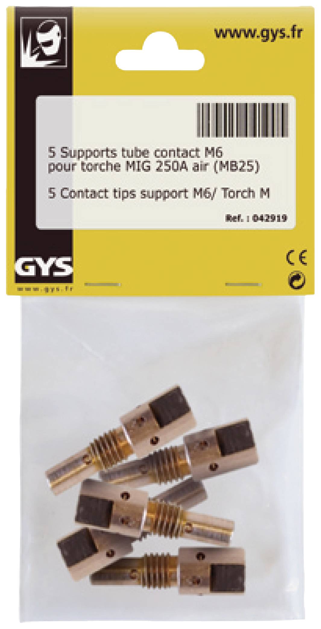 '5 Supports de contact M6 pour torche MIG 250A (MB25)' figurant sur une étiquette jaune. Montre 5 pièces en cuivre dans un emballage transparent.