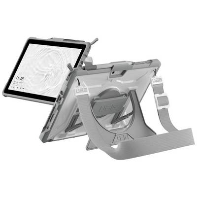 Housse de protection avec support intégré et sangle, adaptée à une tablette. Présentée dans deux positions : mode support et mode transport.